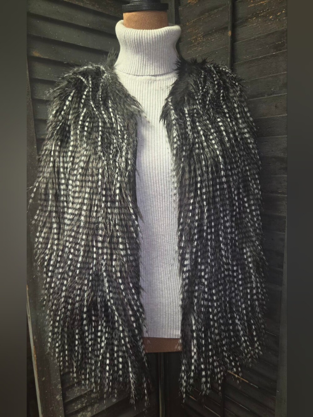 Black & White Faux Fur Feathered Vest - Women Accessories